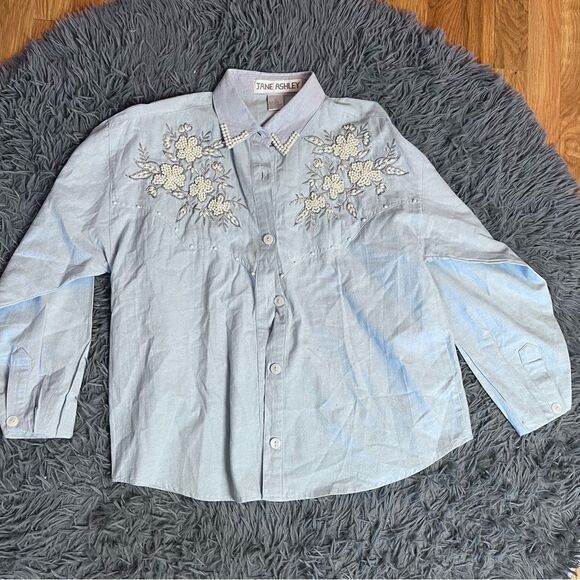 Vintage Jane Ashley Light Blue Denim Shirt Pearl Embellishment Size S - Picture 1 of 4